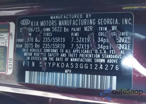 2016 Kia Sorento 3.3L Sx from USA, damaged, VIN 5XYPKDA53GG124276